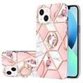 iPhone 15 Plus Marble Pattern IMD TPU-Suojakuori Rengaspidikkeellä - Pinkki / Valkoinen