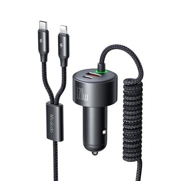 Mcdodo CC-037 120W kaksiliitäntäinen autolaturi USB-C- ja Lightning-kaapeleilla - musta