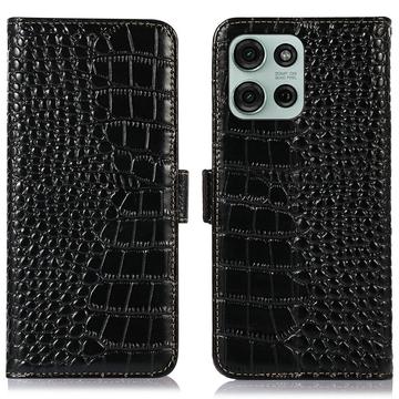 Motorola Moto G75 Crocodile Lompakkomallinen Nahkakotelo kanssa RFID - Musta