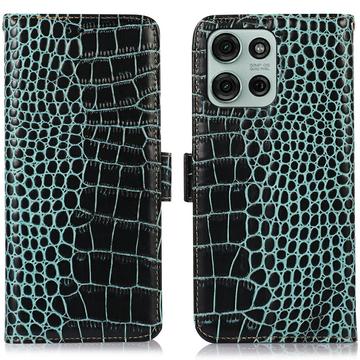 Motorola Moto G75 Crocodile Lompakkomallinen Nahkakotelo kanssa RFID - Vihreä