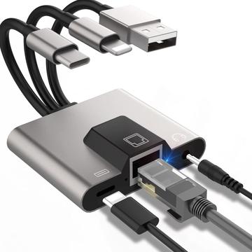NK-1056S 3-in-1 Ethernet-sovitin - USB-C, USB-A ja Lightning - 10cm