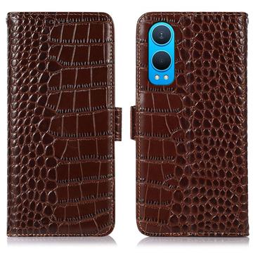 OnePlus Nord CE4 Lite/Oppo K12x Crocodile Lompakkomallinen Nahkakotelo kanssa RFID - Ruskea
