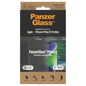 iPhone 13 Pro Max/14 Plus PanzerGlass Ultra-Wide Fit Privacy EasyAligner Panssarilasi - 9H - Musta Reuna