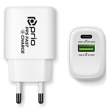Prio Fast Charge Kaksiseinälaturi - USB-A, USB-C - 30W - Valkoinen