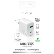 Puro MiniPro GaN seinälaturi - 65W, USB-A, USB-C - Valkoinen