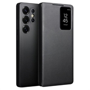 Samsung Galaxy S25 Ultra Qialino Smart View Läppänahkakotelo - Musta