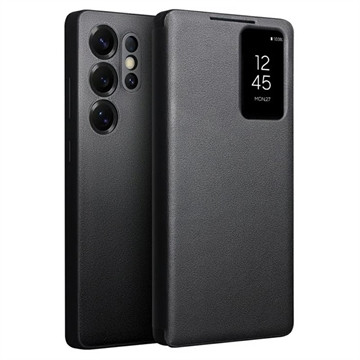 Samsung Galaxy S25 Ultra Qialino Smart View Läppänahkakotelo - Musta