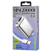 Remax AS-182-45 20000mAh:n varavirtalähde, USB-C- ja Lightning-kaapelit - 45W - hopea