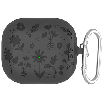 Samsung Galaxy Buds3/Buds3 Pro Kukkakuvio nestemäinen silikoni kotelo ja karabiini - tummanharmaa
