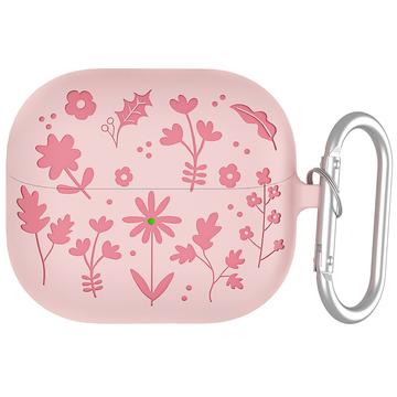 Samsung Galaxy Buds3/Buds3 Pro Kukkakuvio nestemäinen silikoni kotelo ja karabiini - vaaleanpunainen - vaaleanpunainen