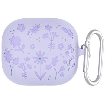 Samsung Galaxy Buds3/Buds3 Pro Kukkakuvio nestemäinen silikoni kotelo ja karabiini - vaalean violetti