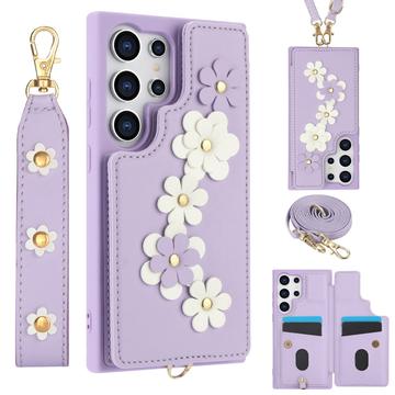 Samsung Galaxy S24 Ultra Kukkakoristekotelo hihnalla - violetti