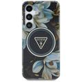 Samsung Galaxy S25 Guess Glitter Flowers Triangle Buttons MagSafe Kotelo - Musta
