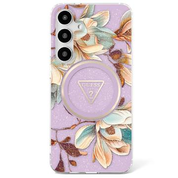 Samsung Galaxy S25 Guess Glitter Flowers Triangle Buttons MagSafe Kotelo - Violetti