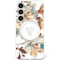 Samsung Galaxy S25 Guess Glitter Flowers Triangle Buttons MagSafe Kotelo - Valkoinen