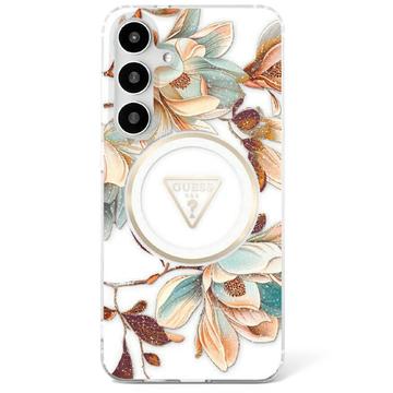 Samsung Galaxy S25 Guess Glitter Flowers Triangle Buttons MagSafe Kotelo - Valkoinen