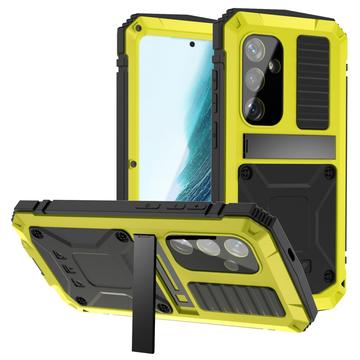 Samsung Galaxy S25+ R-Just Premium kotelo potkukiinnikkeellä ja karkaistulla lasisuojalla - keltainen