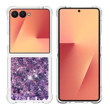 Samsung Galaxy Z Flip7 Glitter Quicksand TPU kotelo - violetti sydämet