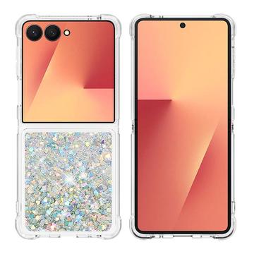 Samsung Galaxy Z Flip7 Glitter Quicksand TPU kotelo - hopea sydämet
