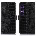 Sony Xperia 1 VII Crocodile Lompakkomallinen Nahkakotelo kanssa RFID - Musta