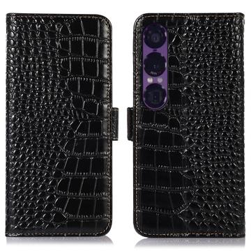 Sony Xperia 1 VII Crocodile Lompakkomallinen Nahkakotelo kanssa RFID - Musta