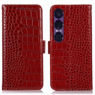 Sony Xperia 1 VII Crocodile Lompakkomallinen Nahkakotelo kanssa RFID - Punainen
