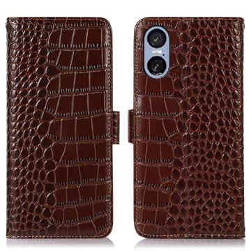 Sony Xperia 5 VI Crocodile Lompakkomallinen Nahkakotelo kanssa RFID - Ruskea