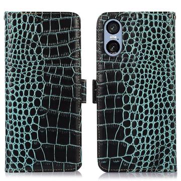 Sony Xperia 5 VI Crocodile Lompakkomallinen Nahkakotelo kanssa RFID - Vihreä
