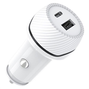 T05 USB-A/USB-C-autolaturi, jossa on kadonneen laitteen paikannustoiminto Android-laitteille - valkoinen