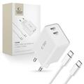 Tech-Protect C35W Kaksoisporttinen USB-C-seinälaturi USB-C-kaapelilla - Valkoinen