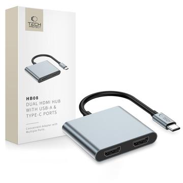 Tech-Protect HB08 4-in-1 USB-C-Moniporttikeskitin - 2x HDMI, 2x USB-A, USB-C