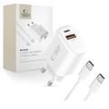 Tech-Protect NCA30 Dual-Port PD 30W/QC3.0 -laturi USB-C-kaapelilla - Valkoinen
