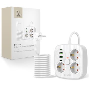 Tech-Protect PCS3X4 Jatkojohto - 3 verkkopistorasiaa, 2 USB-A ja 2 USB-C-porttia, 2m kaapeli - valkoinen