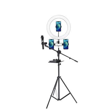 UN-700 10\'\' LED-rengasvalo, jossa on kolmijalkainen jalusta, äänikorttilevy ja 3 puhelimen pidikettä Selfie YouTube-videokuvaukseen ja meikkiin