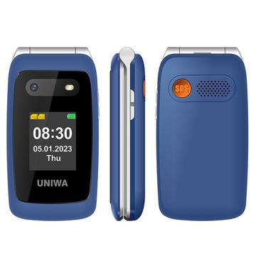 UNIWA V202T 4G Flip-matkapuhelin vanhuksille - tanskan, suomen, ruotsin, englannin kielet - sininen