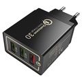 Yleiskäyttöinen 3-Porttinen Nopea USB Matkalaturi QC3.0 - 18W - Musta