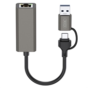 XO HUB018 2-in-1 USB-C / USB-A Ethernet-sovitin - RJ45, 100Mbps - Harmaa