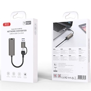 XO HUB018 2-in-1 USB-C / USB-A Ethernet-sovitin - RJ45, 100Mbps - Harmaa