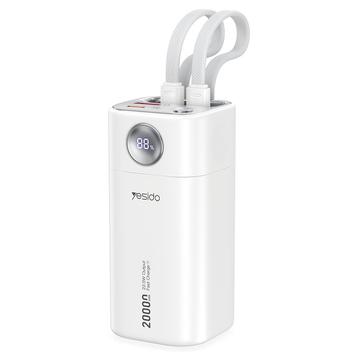 Yesido YP86 20000mAh Powerbank sisäänrakennetuilla USB-C- ja Lightning-kaapeleilla - 22.5W - Valkoinen