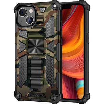 iPhone 13 Camouflage Design hybridi kotelo potkukiinnikkeellä - armeijan vihreä