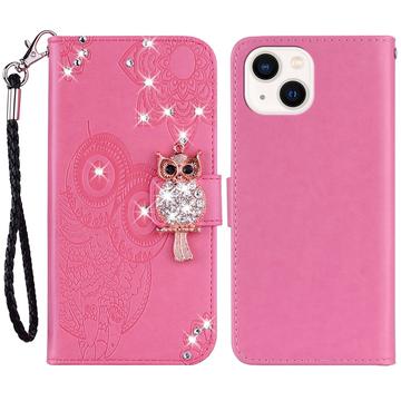 iPhone 15 Plus Pöllö strassi lompakko kotelo - Kuuma Pinkki