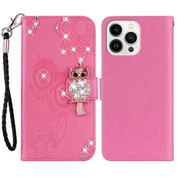 iPhone 15 Pro Pöllö Tekojalokivi Lompakko Tapauksessa - Kuuma Pinkki