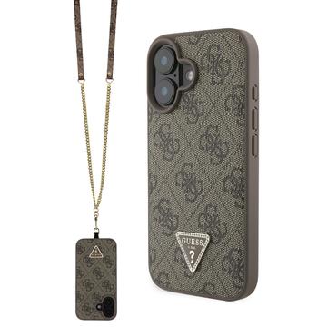 iPhone 16 Guess 4G Strass Triangle Metal Logo Kotelo jossa Crossbody Hihna - Ruskea
