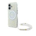 iPhone 16 Guess IML Flowers Allover Electro Kotelo Pearl Hihna - MagSafe yhteensopiva - Valkoinen