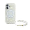 iPhone 16 Guess IML Flowers Allover Electro Kotelo Pearl Hihna - MagSafe yhteensopiva - Valkoinen