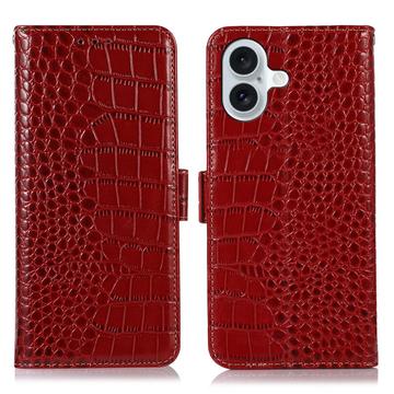 iPhone 16 Plus Crocodile Lompakkomallinen Nahkakotelo kanssa RFID - Punainen