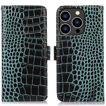 iPhone 16 Pro Crocodile Lompakkomallinen Nahkakotelo kanssa RFID - Vihreä