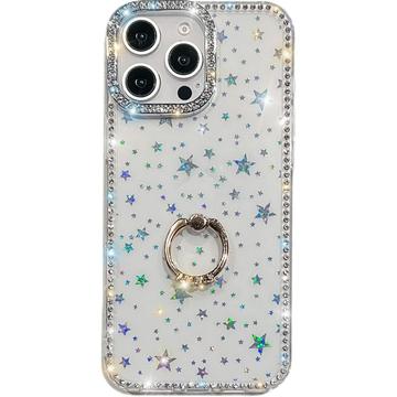 iPhone 16 Pro CrystalGlow Hybridikotelo sormuksen pidikkeellä - tähdet / läpinäkyvä