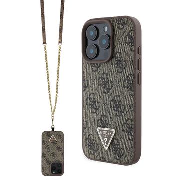 iPhone 16 Pro Guess 4G Strass Triangle Metal Logo Kotelo jossa Crossbody Hihna - Ruskea
