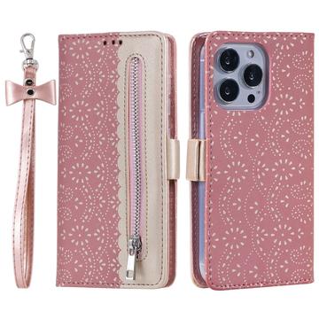 iPhone 16 Pro Lace Pattern Lompakkokotelo - Ruusukulta